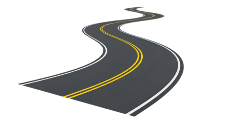 Winding asphalt road with double yellow and white lines, cutout, PNG isolated on white or transparent background