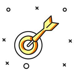 Filled outline Classic dart board and arrow icon isolated on white background. Dartboard sign. Game concept. Flat filled outline style with shadow. Vector