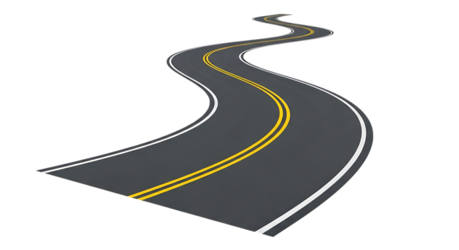Winding asphalt road with double yellow and white lines, cutout, PNG isolated on white or transparent background