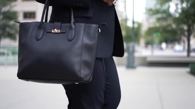 A short video clip focusing on a stylish woman in a dark suit carrying a large, high-end black leather handbag, walking outdoors in a city setting.