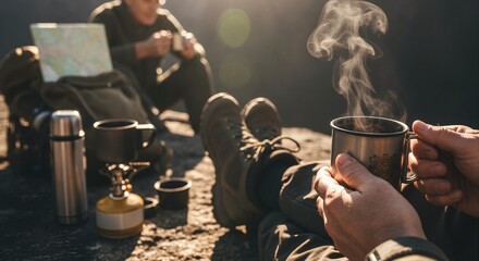 Hiker relaxing with a steaming cup of hot coffee in the morning sun. Man's hands holding a metal mug during a camping trip break