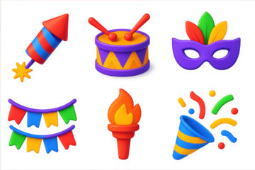 Set of six colorful plastic figures, including a firework, a drum, a mask