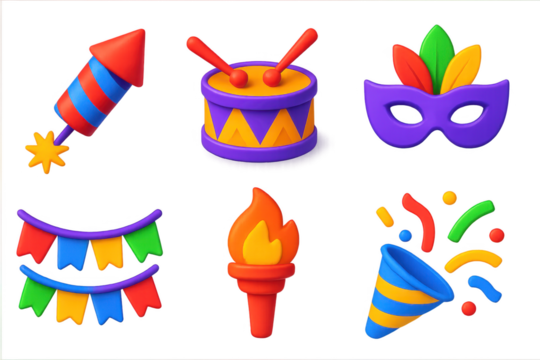 Set of six colorful plastic figures, including a firework, a drum, a mask
