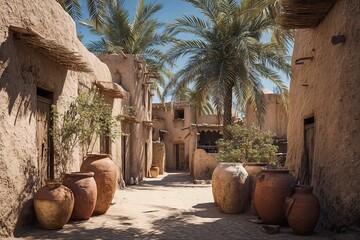 Quiet traditional lane with adobe walls, palm fronds and clay vessels; warm daylight and soft dust create a timeless feel.