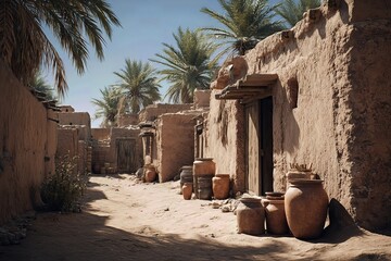 Quiet traditional lane with adobe walls, palm fronds and clay vessels; warm daylight and soft dust create a timeless feel.