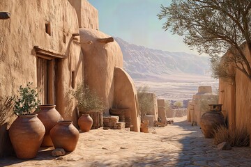 Quiet traditional lane with adobe walls, palm fronds and clay vessels; warm daylight and soft dust create a timeless feel.
