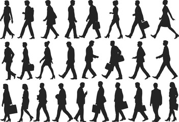 Silhouettes of business people walking, professional men and women in motion, corporate commute concept for office, work and urban design