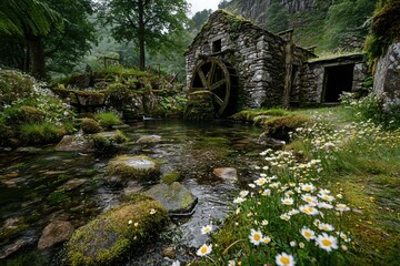 Detailed scene of a mossy watermill beside a clear stream, surrounded by dense greenery and blooming wildflowers.