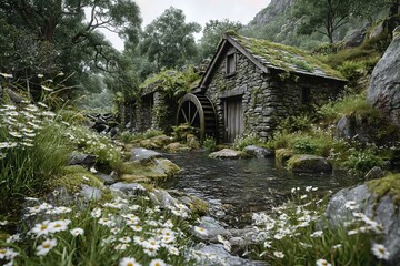 Detailed scene of a mossy watermill beside a clear stream, surrounded by dense greenery and blooming wildflowers.