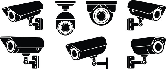 Security camera silhouettes, surveillance equipment icons, bullet and dome styles, black vector design, isolated graphic asset, safety system illustration, CCTV symbols © Hello there