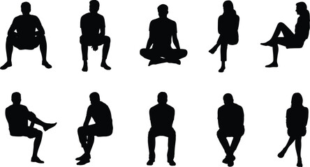 Seated posture silhouettes, black vector icons, human sitting poses, leg and arm positions, body language design, gesture illustration pack