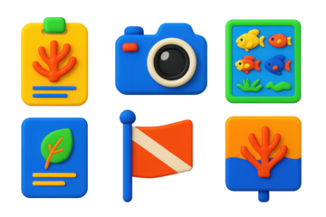 Reef Tour Icon Set. 3D icon set of reef tour equipment: coral ID board, underwater camera, fish spotting chart, eco brief,