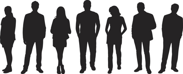 Professional silhouette set, diverse individuals in business attire, standing poses, black vector illustration, corporate icon, formal figure, white background