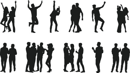 People, silhouette, interaction, pose, gesture, talking, dancing, standing, group, pair, icon, vector, black, white, minimal, social, communication, movement, graphic, design