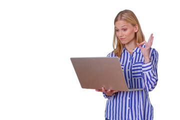 Young blonde woman having a video call on a laptop, showing an ok sign with hand. Transparent background