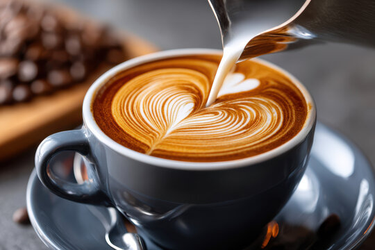 Steaming Milk Poured into a Gray Coffee Cup with Latte Art