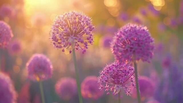 A close-up of purple allium flowers with a bokeh background, showcasing their intricate structure and vibrant color.