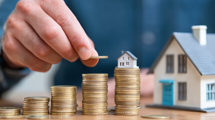 A hand adds a coin to a growing stack next to a small house model, symbolizing the process of saving and investing money for future home ownership or real estate ventures