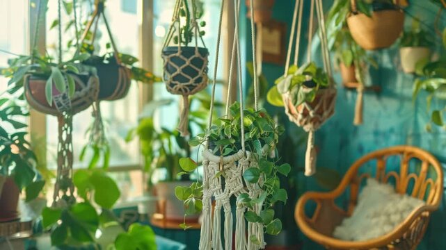 Green indoor plants in hanging pots create a lively atmosphere.