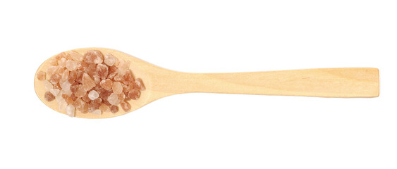  Himalayan salt grains pile in wooden spoon isolated on white background, top view