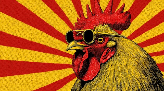 Cool rooster wearing sunglasses with retro sunburst - Powered by Adobe