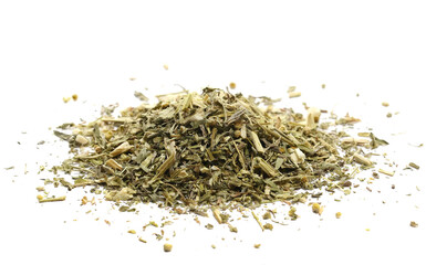 Dried and chopped leaves common wormwood, Artemisia absinthium isolated on white background, side view