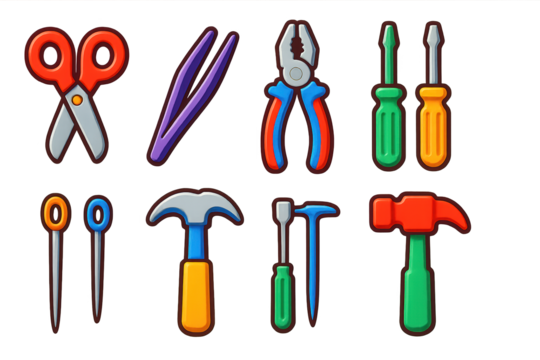 Set of tools including a hammer, pliers, scissors, and a screwdriver - Powered by Adobe