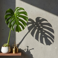 Monstera Leaf and Succulent on Shelf with Sunlight Shadow