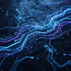 Digital Circuit Board with Luminous Blue and Purple Traces