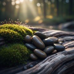 Zen Rocks and Moss on Wood in a Forest with Sunrays