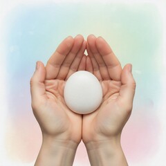 Hands Cupping a Smooth White Stone on a Soft Pastel Background