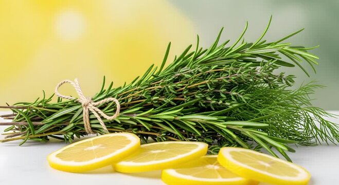 A bundle of rosemary and thyme with lemon slices on a white table