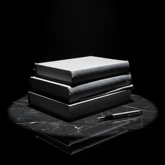 Stack of Books and Pen on Marble in Spotlight