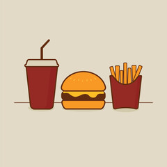 minimalist illustration fast food. burger, fries and soda. warm colors. yellow red brown. cartoon style light background