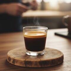 Steaming Espresso Shot on a Rustic Wooden Coaster