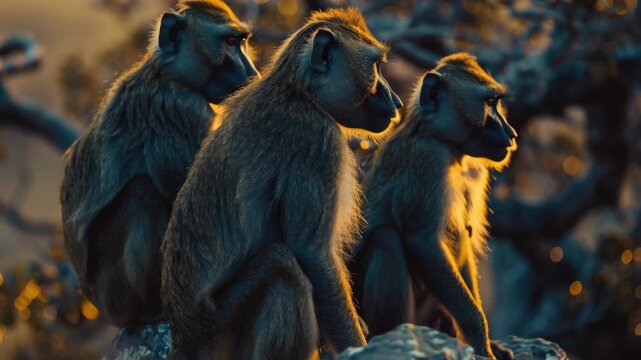 A group of monkeys sitting together on a rocky cliff as the sun sets in the background.