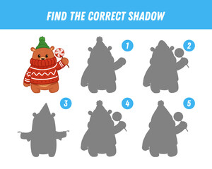 Find correct shadow of cute brown bear. Educational logical game for kids. Cartoon teddy bear with candy. Vector illustration