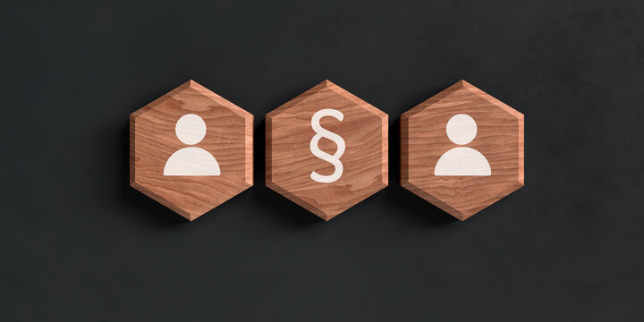 Consulting on Rights and Legislation header: Paragraph Sign Icon Between Two People on Wooden Hexagon Blocks Representing Legal Advice