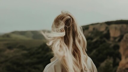 A woman looking off into the distance with her long blonde hair blowing in the wind.