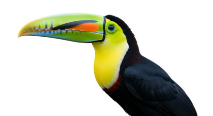 Close up of a Keel billed Toucan with vibrant green yellow and blue beak, cutout, PNG isolated on white or transparent background