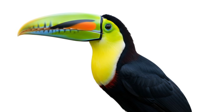 Close up of a Keel billed Toucan with vibrant green yellow and blue beak, cutout, PNG isolated on white or transparent background