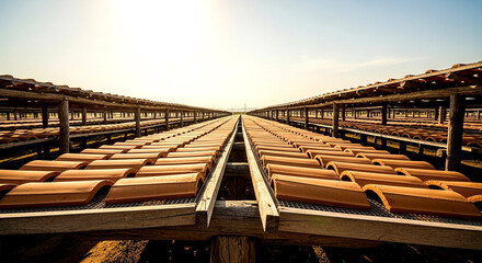 Fototapeta premium Terracotta Roof Tiles Drying On Racks Outdoors