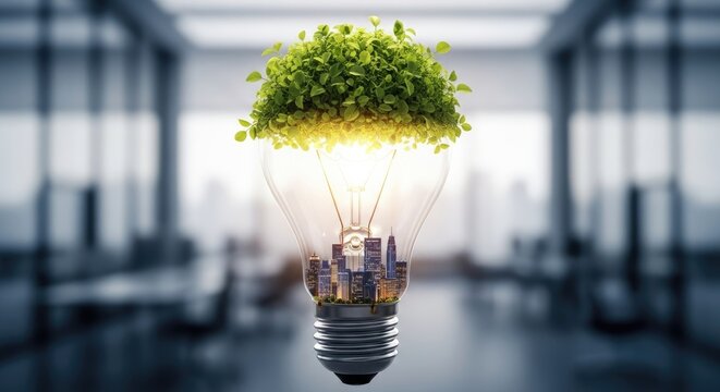 Bright electric bulb growing lush green foliage and a miniature city. Representing clean power, resource conservation, smart economic efficiency, and global energy solutions.
