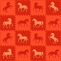 Seamless vintage orange grid pattern with horse silhouettes. Primitive equine, stallion tile wallpaper for 2026 Chinese New Year. Endless checkerboard background, fabric, texture,wrapping paper, print