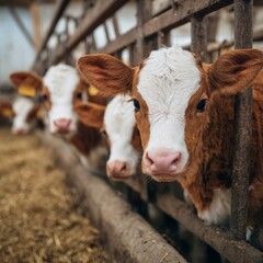 Young Calves in Farm Pen, Livestock Photography, Rural Barn Environment, Close-Up View