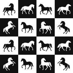 Seamless black and white checkerboard pattern with horse silhouettes. Equine tile wallpaper for 2026 Year of the Horse. Print with zodiac sign, simple bold background, wrapping paper, animals print
