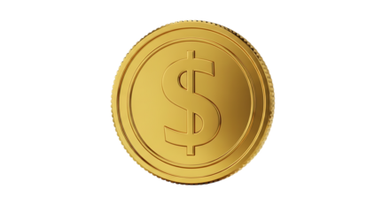 Shiny Gold Coin with Dollar Symbol and Serrated Edge, cutout, PNG isolated on white or transparent background