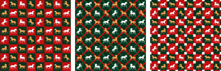 Set of seamless vintage luxury geometric patterns with horse silhouettes. Equine zodiac repeated wallpapers, wrapping gift paper, backgrounds, textile, cloth print for 2026 Lunar Year of the Horse.