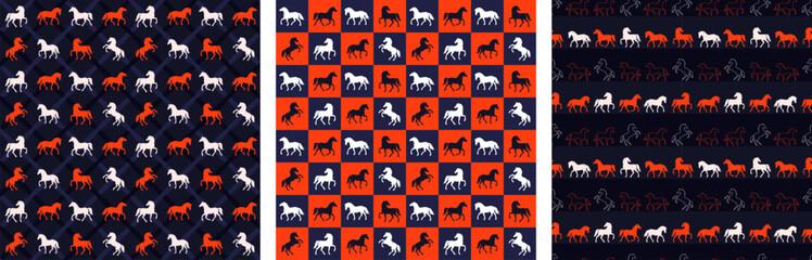 Seamless pattern set with silhouette equine motifs in  orange, white, navy blue square checks for 2026 Year of the Horse. Endless wallpapers, geometric wrapping paper, textile with stallion print