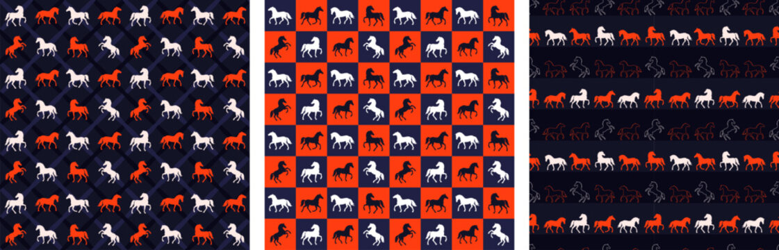 Seamless pattern set with silhouette equine motifs in  orange, white, navy blue square checks for 2026 Year of the Horse. Endless wallpapers, geometric wrapping paper, textile with stallion print